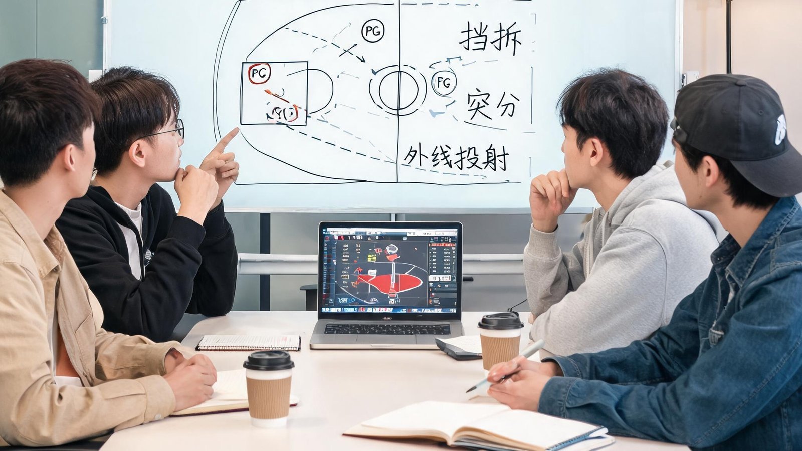 CBA比赛结果站的小团队在工作室里围坐讨论数据看板，背景是写满战术的玻璃白板