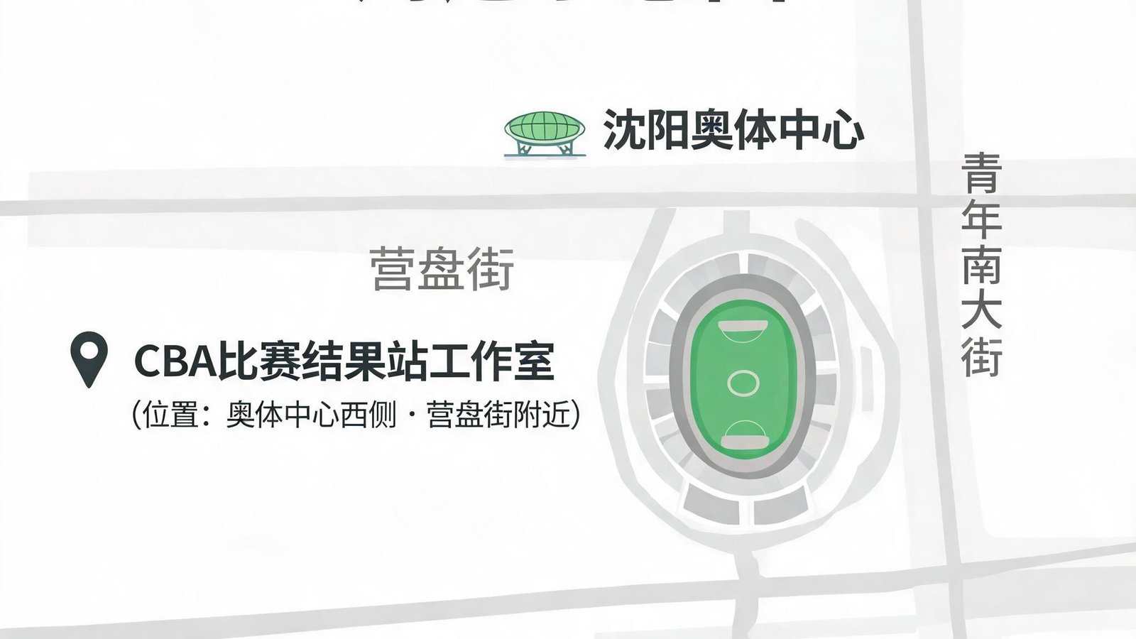 沈阳奥体中心附近地图位置示意，标注了CBA比赛结果站的工作室所在地